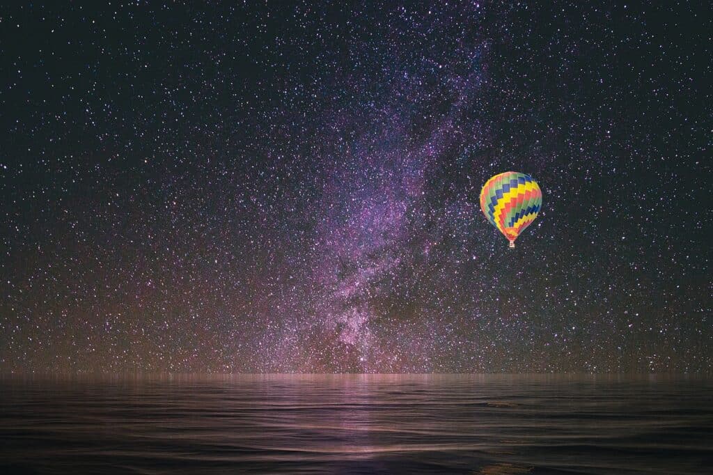 hot air balloon, stars, reflection
